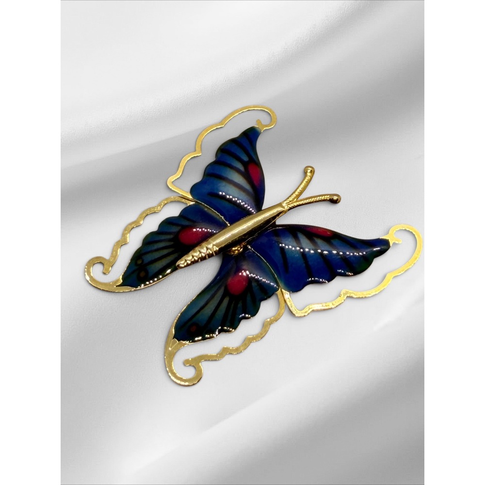 Vintage Gold Tone Blue Enamel Butterfly Brooch Pin Whimsical Nature Jewelry - Picture 6 of 9